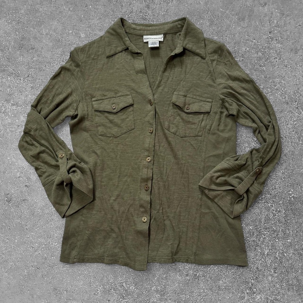 Rebecca Malone Olive Green Cotton Rayon Button Up Shirt Pockets Small